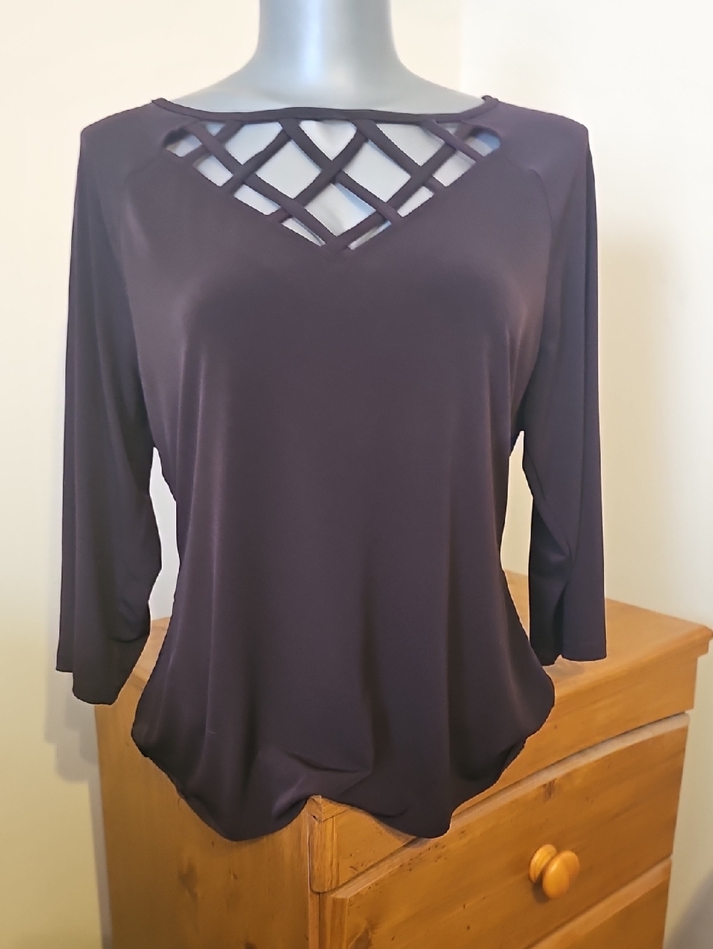 New York & Company Plum Lattice-Accent Long Sleeve Top